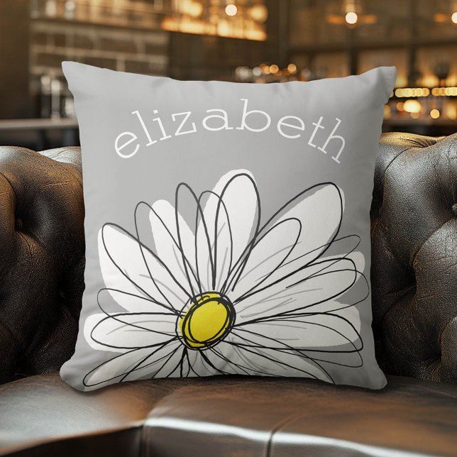 Trendy Daisy with gray and yellow Throw Pillow (Whimsical Custom Monogram Pillow)