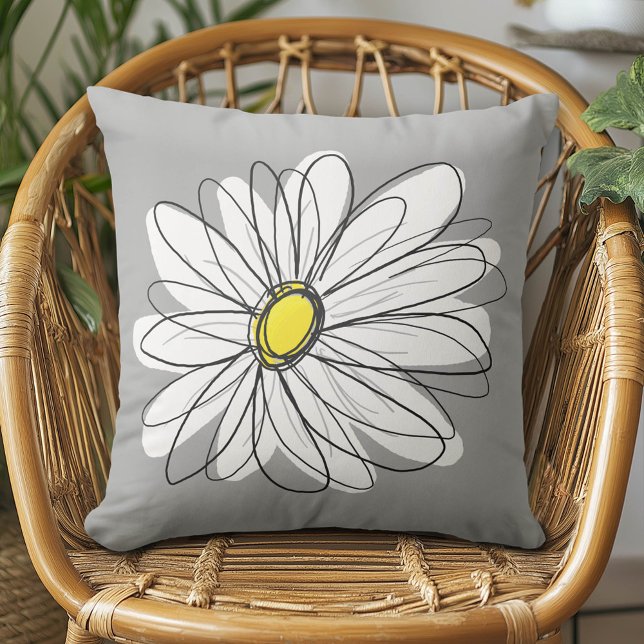 Trendy Daisy with gray and yellow Throw Pillow (Whimsical Daisy Pillow)
