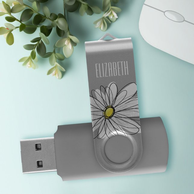Trendy Daisy with gray and yellow USB Flash Drive (Personalized USB Flash Drive)