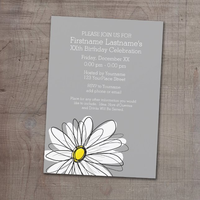 Trendy Daisy with gray yellow Birthday Party Invitation (Birthday Party Invitation with a Whimsical Daisy)