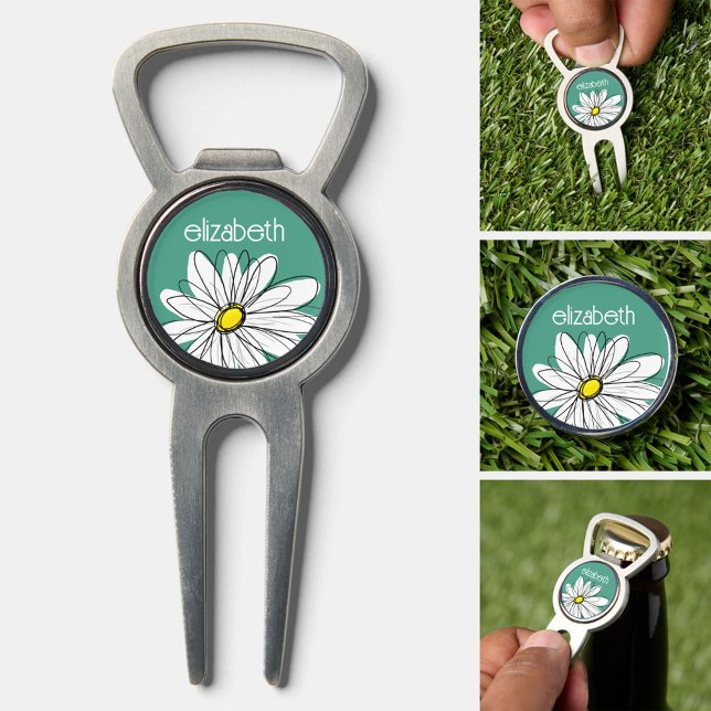 Trendy Daisy with green and yellow - monogram Divot Tool (Custom Golf Divot Tool)
