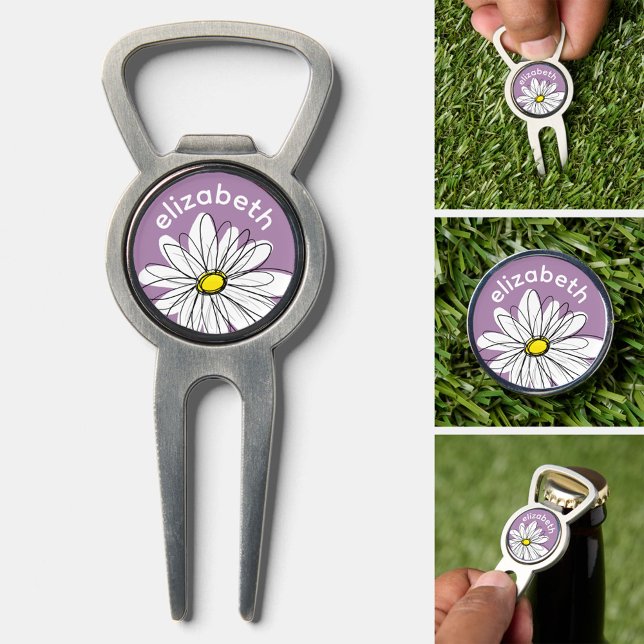 Trendy Daisy with purple background - monogram Divot Tool (Custom Golf Divot Tool)