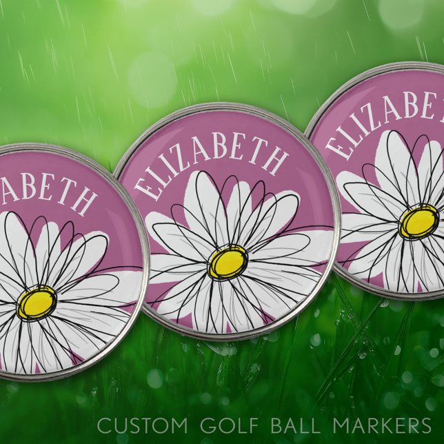Trendy Daisy with purple background - monogram Golf Ball Marker (Custom Golf Ball Markers)