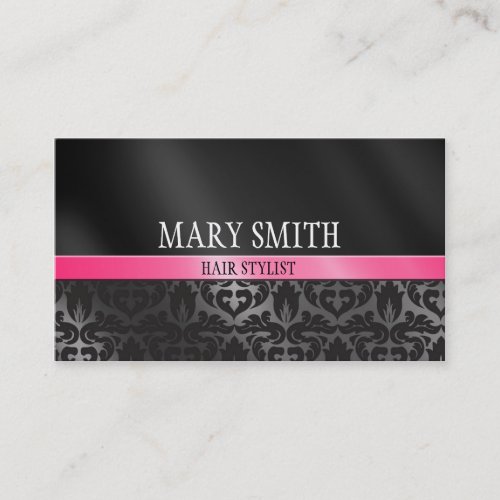 Trendy Damask Pink and Black Business Card 2 Sided