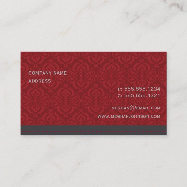 Trendy Damask Crimson Business Card Template (Front)