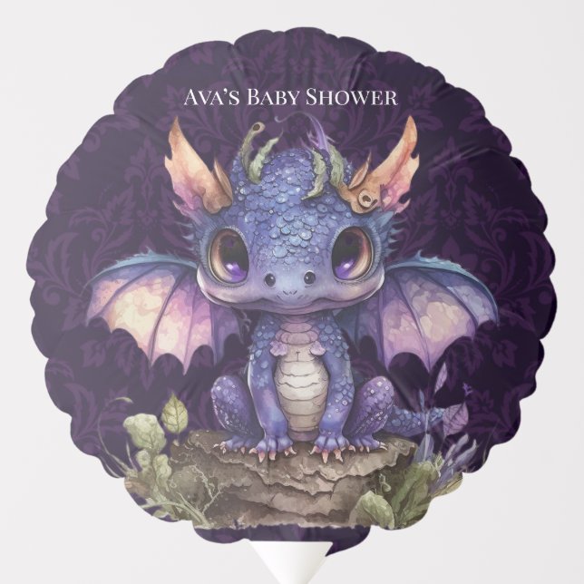 Trendy Damask Purple Dragon Girl Boy Baby Shower Balloon (Front)