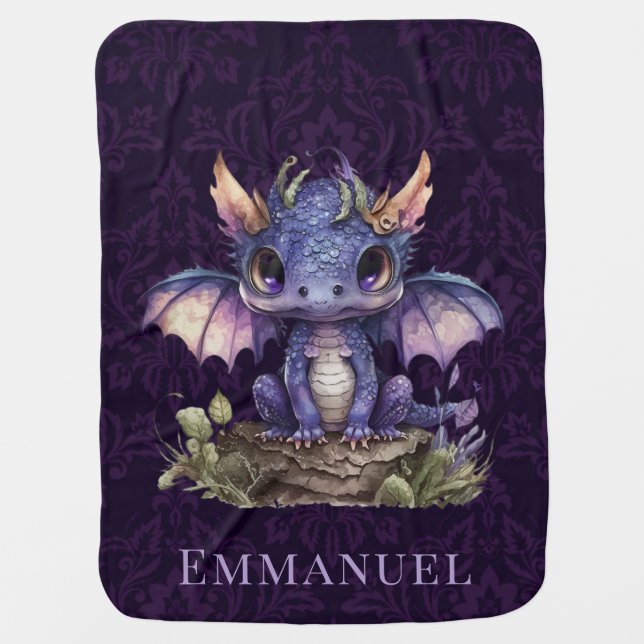 Trendy Damask Purple Dragon Girl Boy Baby Shower Blanket (Front)