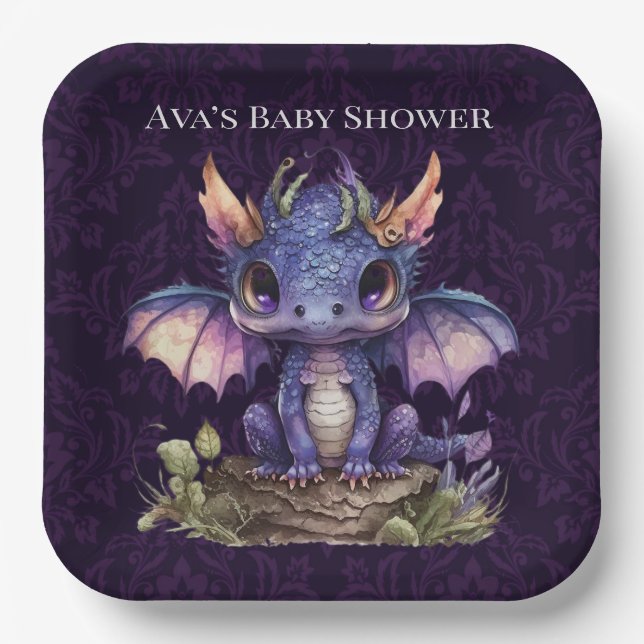 Trendy Damask Purple Dragon Girl Boy Baby Shower Paper Plates (Front)