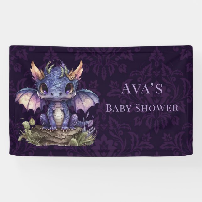 Trendy Damask Purple Dragon Girl Boy Registry Banner (Horizontal)