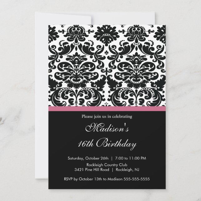 Trendy Damask Sweet Sixteen Birthday Invitation (Front)