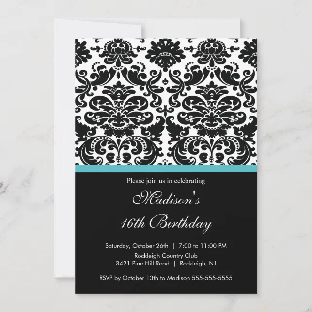 Trendy Damask Sweet Sixteen Birthday Invitation | Zazzle