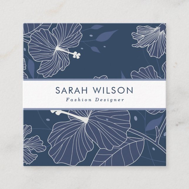 Trendy Dark Blue White Hibiscus Flowers QR Code Square Business Card (Front)