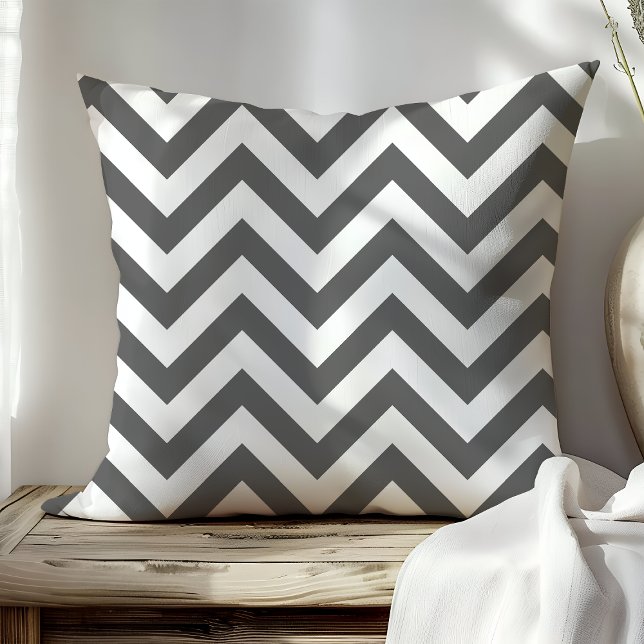 Trendy Dark Gray and White Chevron Zigzag Stripes Throw Pillow (Creator Uploaded)