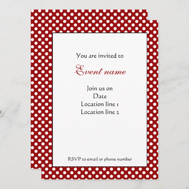 Trendy Dark red and White polka dots Invitation (Front/Back)