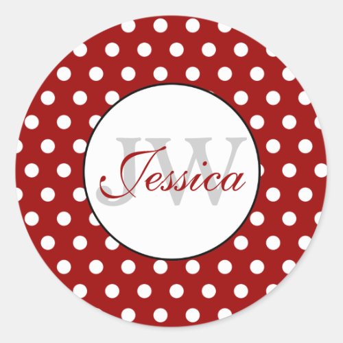 Trendy Dark red and White polka dots Monogram Classic Round Sticker