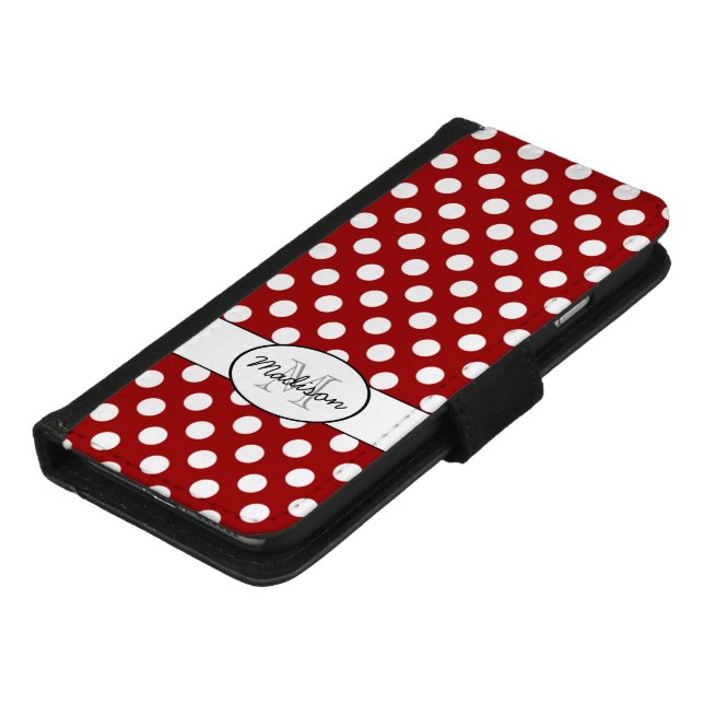 Trendy Dark red and White polka dots Monogram iPhone Wallet Case (Bottom)