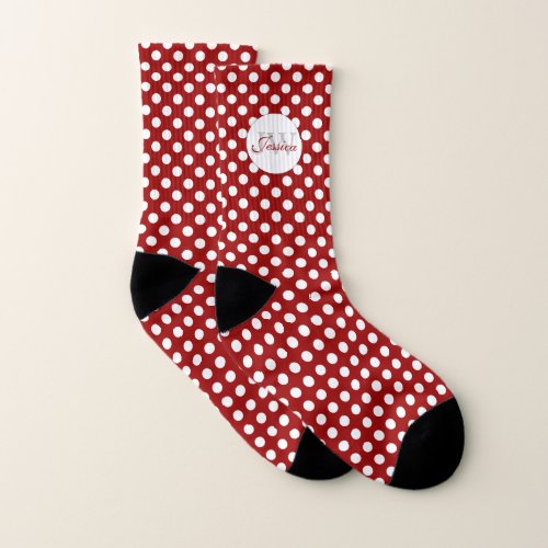 Trendy Dark red and White polka dots Monogram Socks