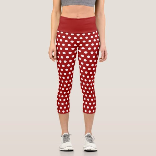 Trendy Dark red and White polka dots pattern Capri Leggings