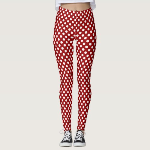 Trendy Dark red and White polka dots pattern Leggings