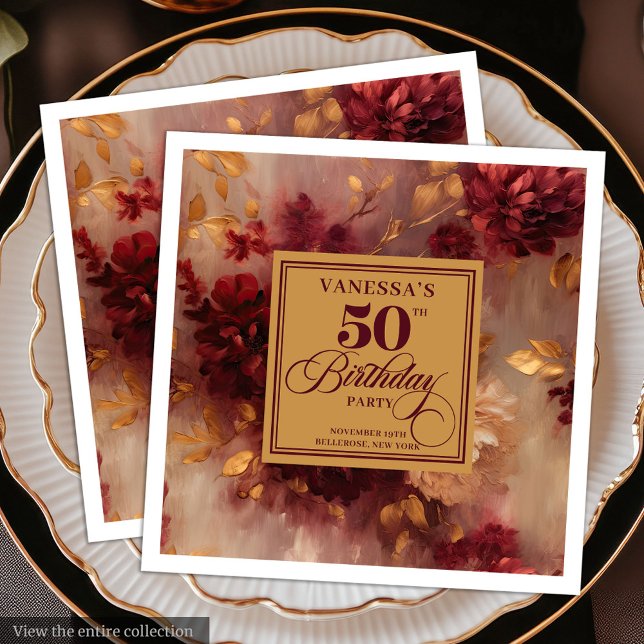 Trendy Dark Red Blush Gold Flowers 50th Birthday   Paper Dinner Napkins (Trendy Dark Red Blush Gold Flowers 50th Birthday Paper Dinner Napkins)