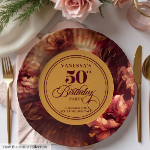 Trendy Dark Red Blush Gold Flowers 50th Birthday Paper Plates