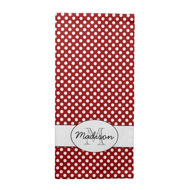 Trendy Dark Red White polka dots pattern Monogram Cloth Napkin (Half Fold)