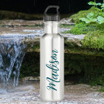 Trendy Dark Turquoise Handwritten Script Custom Stainless Steel Water Bottle<br><div class="desc">A trendy personalized turquoise monogram stainless water bottle for a girl who loves simple,  handwritten gifts. Beautiful cursive script down the side of your bottle spelling out your name in elegant typography.</div>