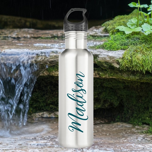 Trendy Dark Turquoise Handwritten Script Custom Stainless Steel Water Bottle (Creator Uploaded)