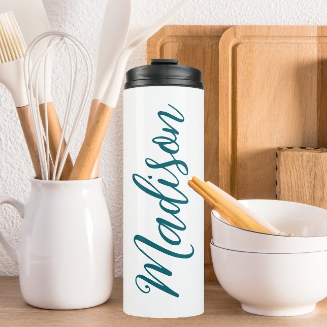 Trendy Dark Turquoise Handwritten Script Custom Thermal Tumbler (Creator Uploaded)