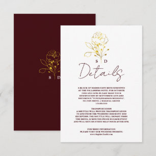Trendy Deep Burgundy Gold Monogram Wedding Details Enclosure Card