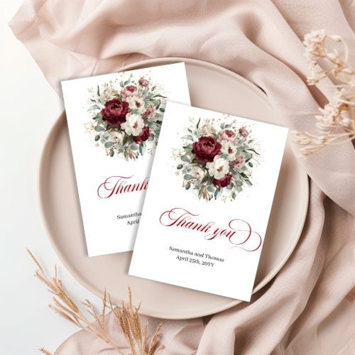 Trendy Deep Red Floral Greenery Gold Thank You  Card
