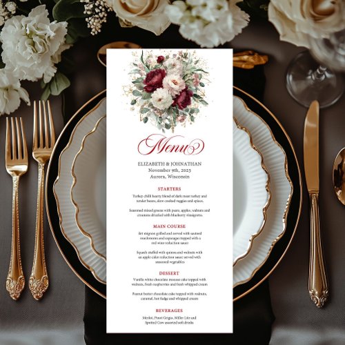 Trendy Deep Red Floral Greenery Menu Card