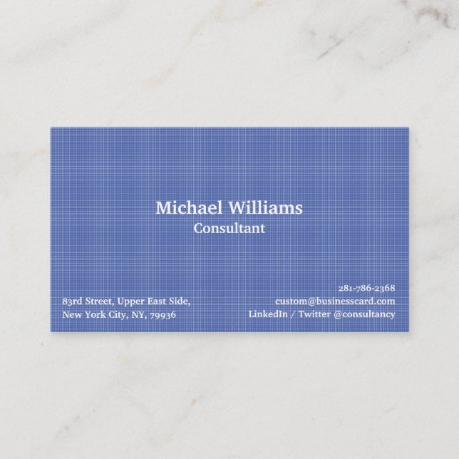 Trendy Denim Blue Checkered Pattern Modern Elegant Business Card (Front)