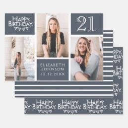Trendy Denim Blue Photo Collage 21st Birthday  Wrapping Paper Sheets