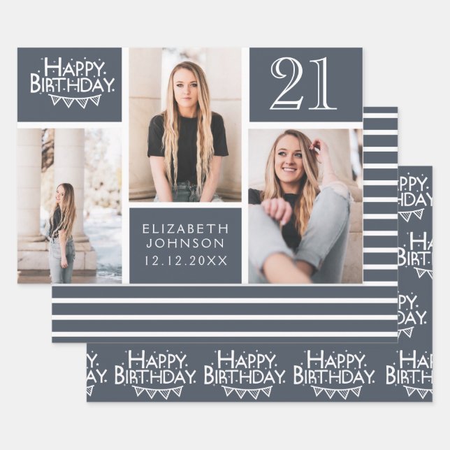 Trendy Denim Blue Photo Collage 21st Birthday  Wrapping Paper Sheets (Set)