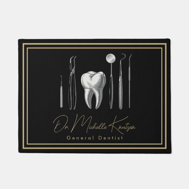 Trendy Dentist Professional Dental Black Gold Door Doormat (Front)