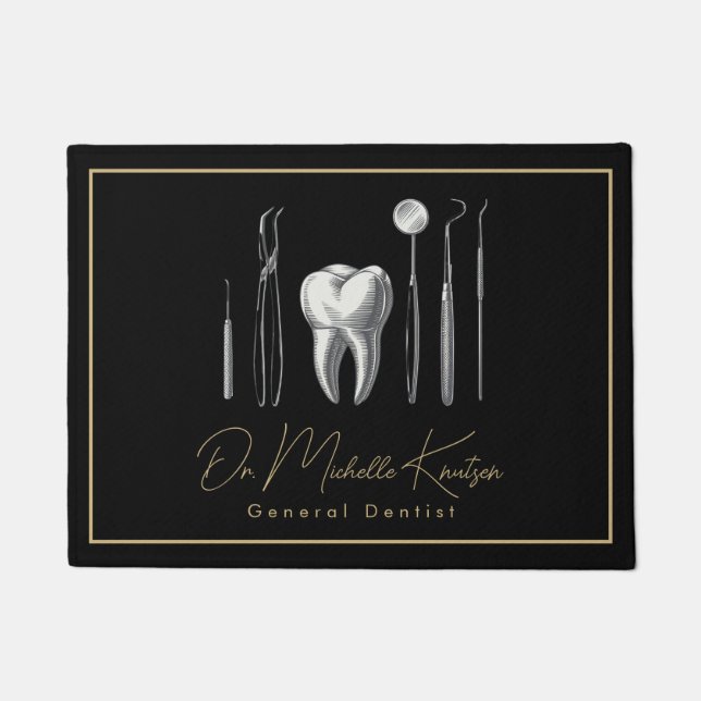 Trendy Dentist Professional Dental Black Gold Door Doormat (Front)