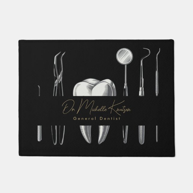 Trendy Dentist Professional Dental Black Gold Door Doormat (Front)