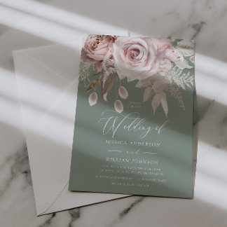 Trendy Designer Blush & Sage Wedding Invitation
