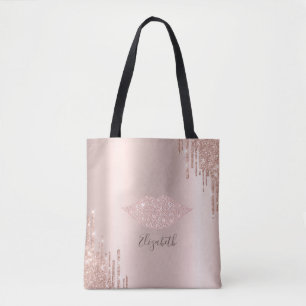Trendy Diamonds Lips Rose Gold Glitter Drips Tote Bag