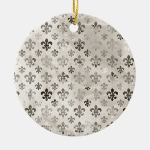 Trendy Distressed Silver Grey Fleur De Lis Pattern Ceramic Ornament