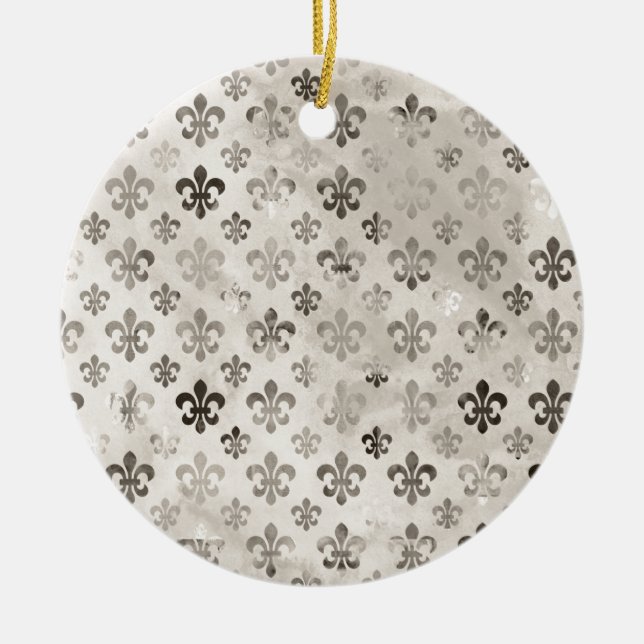 Trendy Distressed Silver Grey Fleur De Lis Pattern Ceramic Ornament (Front)