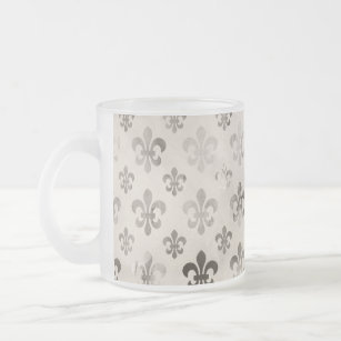 Trendy Distressed Silver Grey Fleur De Lis Pattern Frosted Glass Coffee Mug