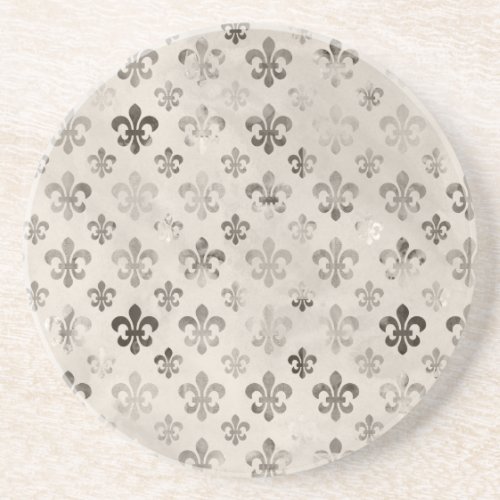 Trendy Distressed Silver Grey Fleur De Lis Pattern Drink Coaster