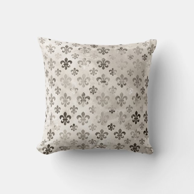 Trendy Distressed Silver Grey Fleur De Lis Pattern Throw Pillow (Front)