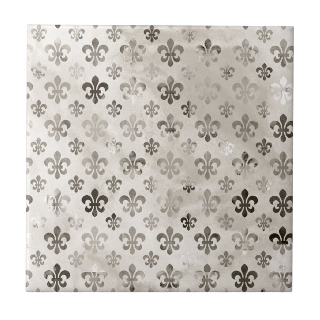 Trendy Distressed Silver Grey Fleur De Lis Pattern Tile (Front)