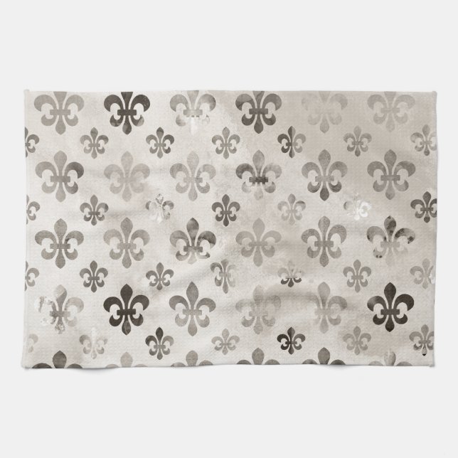 Trendy Distressed Silver Grey Fleur De Lis Pattern Towel (Horizontal)