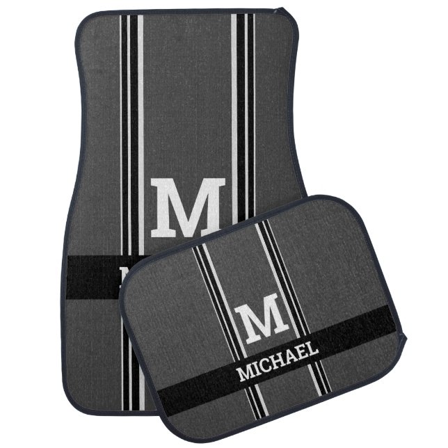 Trendy DIY Bold Gray Monogram, Gray Vertical Lines Car Floor Mat (Set)