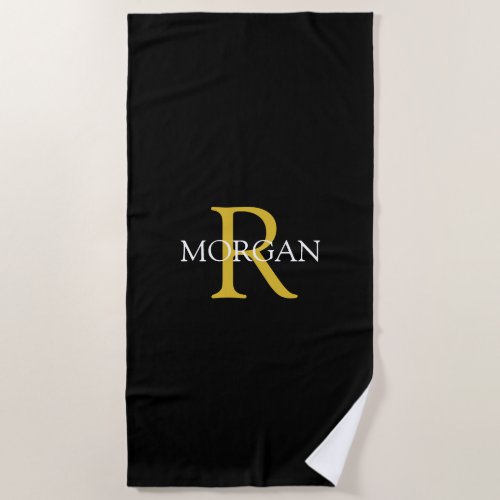 Trendy DIY Monogram  Name GoldWhite Text Black Beach Towel