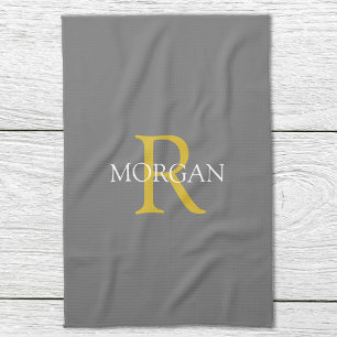 Trendy DIY Monogram & Name, Gold/White Text, Grey Kitchen Towel